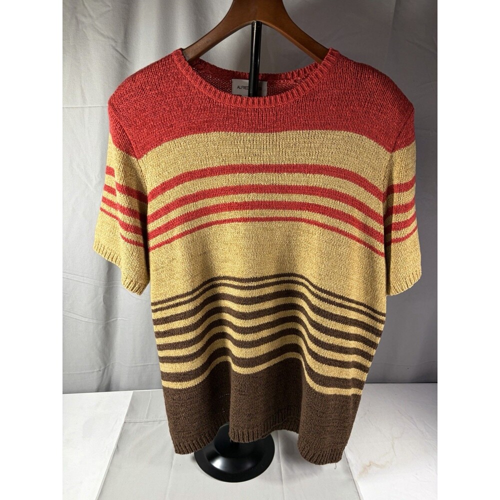Alfred Dunner Women's Striped Pullover Knit Top Short Sleeve Red Tan Multi XL